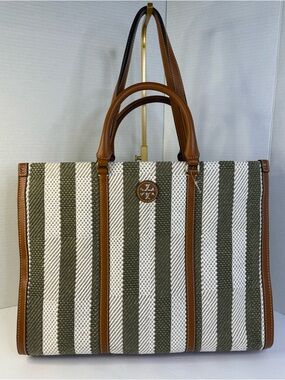 Tory Burch Blake Grove Green & White Striped Canvas Tote Cognac Leather Trim